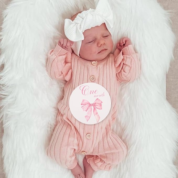 Bow Baby Monthly Milestone Markers - Baby Monthly Milestone Discs Photos,Coquette Bow Month Photo Signs,Baby’S First Year Newborn Signs for Girl (Pink)