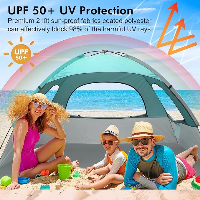 WhiteFang Beach Tent Anti-UV Portable Sun Shade Shelter for 3/4/6/8 Person, Extendable Floor with 3 Ventilating Mesh Windows Plus Carrying Bag, Stakes and Guy Lines