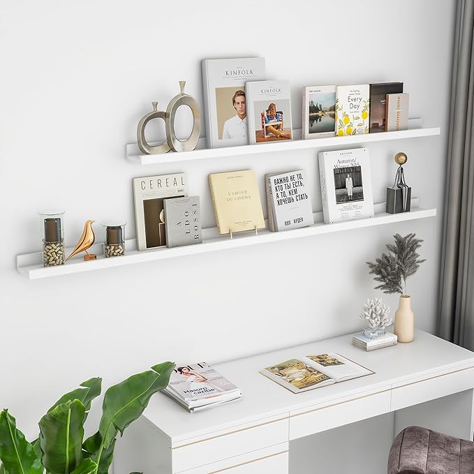 Solid Ash Wood Picture Ledge Shelf, 36 Inch Floating Shelves with Lip Set of 2, Photo Ledge Shelf Nursery Bookshelf Wall Mounted for Living Room Bedroom Decor, White