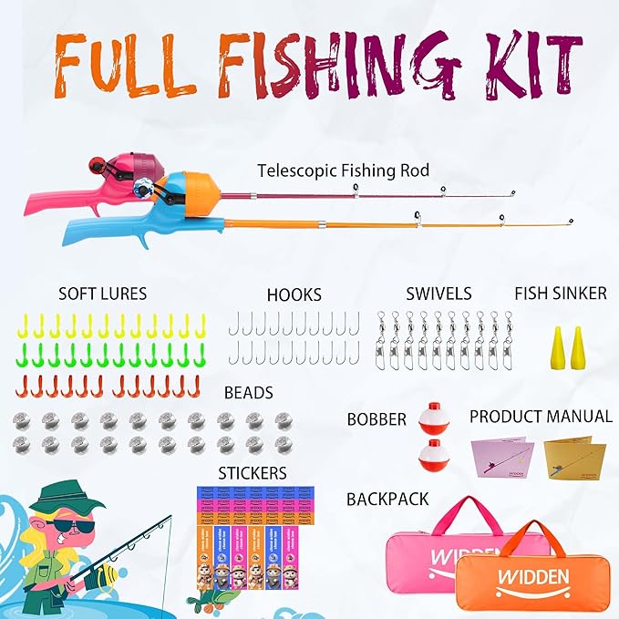 Kids Fishing Pole, Telescopic Fishing Rod, Toddler Collapsible Fishing Rod and Reel Combo with Tackle Box, Fishing Line, Bobber, and Soft Lures for Boy, Girl, Youth, Beginner, Over 4 Years Old