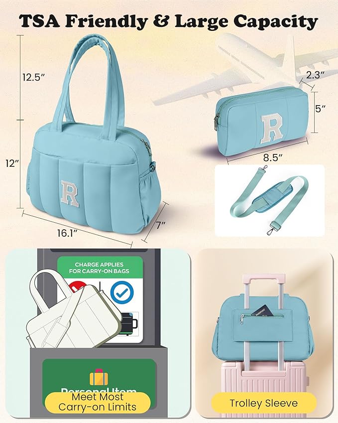 Duffle Bag, Weekender Bags for Girl，Birthday Gifts-Initial Overnight Bag with Wet Pocket，Lightweight Dance Bags Personalized Gymnastics bag with Makeup Pouch