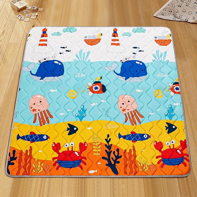 Baby Play Mat - Thicken 50x50 Inch Soft Foam Crawling Mat for Playpen & Floor, Non-Slip Waterproof Playmats for Infants & Toddlers, Portable Foldable & Machine Washable, Ocean World
