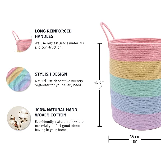 OrganiHaus Cotton Rope Basket for Rainbow Classroom Decor 15x18 | Toy Basket for Pastel Room Decor | Playroom Organization and Storage | Toy Bins & Book Basket | Tall Blanket Basket for Living Room