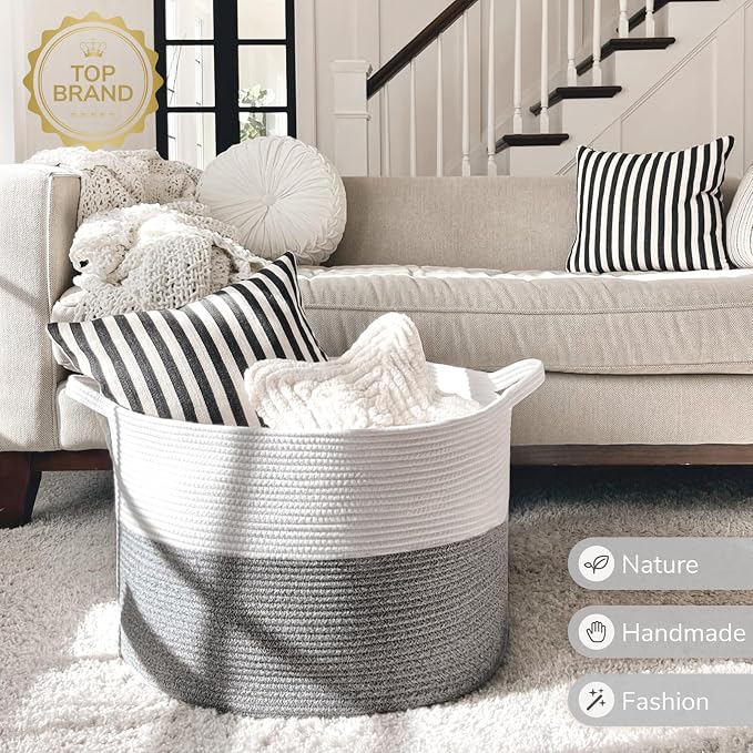 INDRESSME Large Storage Basket, 21.7'' x 13.8'' Cotton Rope Blanket Basket - Image 7