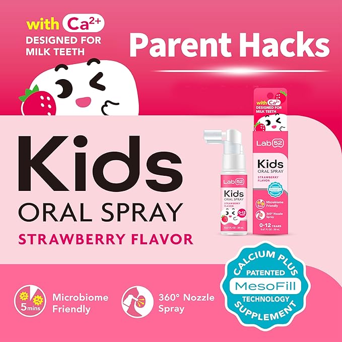 LAB52 Kids Oral Spray, Toddler Toothpaste Helper for Daily Oral Care and Fresh Breath, Children Approved with Fluoride Free for Newborn to Preschoolers, Xylitol (Strawberry & Peach)