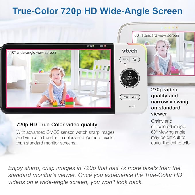VTech VM818HD Baby Monitor, 5" 720p Screen, Night Light, 110-degree Wide-Angle True-Color DayVision, HD No Glare NightVision, 1000ft Range, 2-Way Talk, Secure Transmission No WiFi