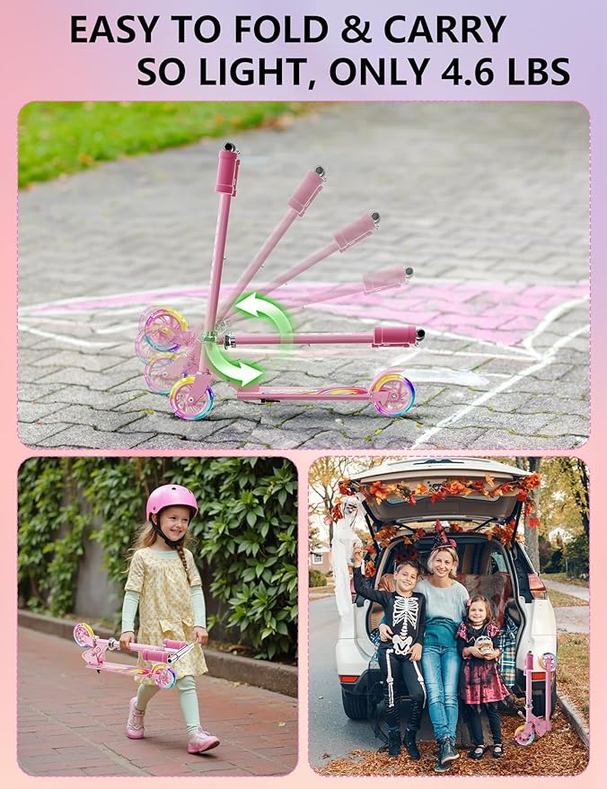 Scooter for Kids Ages 3+, 2 Wheels Kids Kick Scooter with Led Light Up & 3 Levels Adjustable, Lightweight Foldable for Boys&Girls