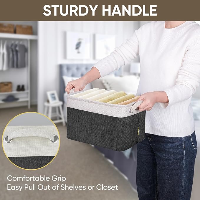 BALEINE 4 Pack Fabric Storage Bins for Shelves, Linen Storage Baskets for Organizing, Decorative Closet Bins for Clothes, Home (Black, 12"x8"x8")