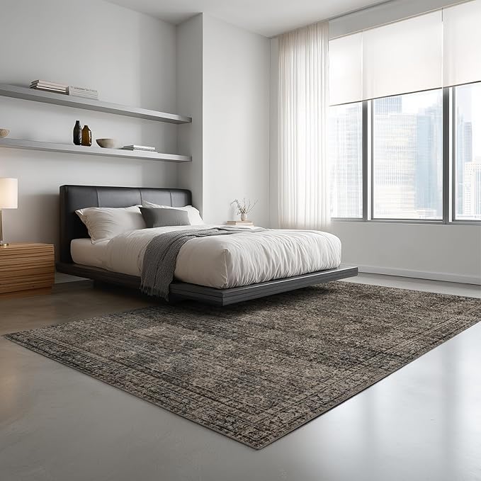 Washable 6x9 Area Rug for Living Room, Carpet for Bedroom Dining Room, Non Slip&Non-Shedding Resistant Low Pile Vintage Print Rug for Home Office (Brown)