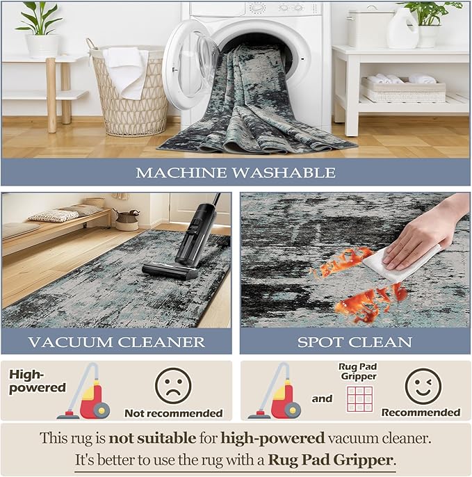 Washable Area Rugs 6'x9' Non-Slip Modern Abstract Soft for Living Room Entryway Bedroom Nursery, Print Pattern, Blue Black Teal