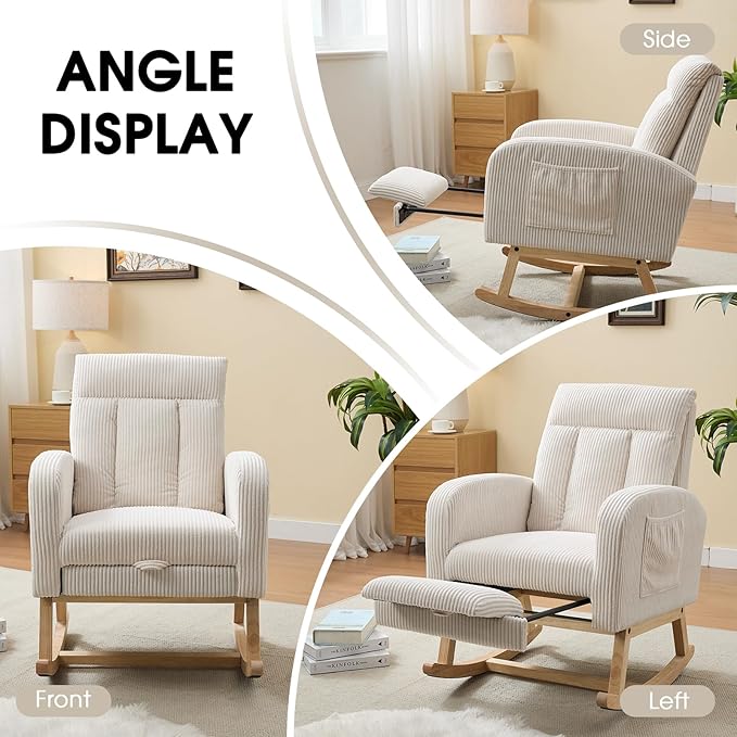 NIOIIKIT Nursery Rocking Chair, Corduroy Upholstered Rocking Chair with Adjustable Footrest, Tufted Rocker Chair with Side Pocket, Glider Rocker for Living Room, Bedroom (Cream Casual)