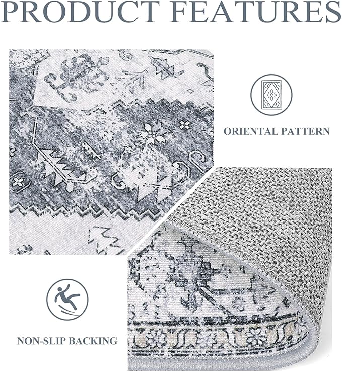 Lahome Boho Round Rugs - 4Ft Washable Non-Slip Small Round Area Rug for Bedroom Grey Lightweight Round Throw Rug, Oriental Distressed Print Indoor Circle Rugs for Bedroom Entryway Bathroom Kitchen