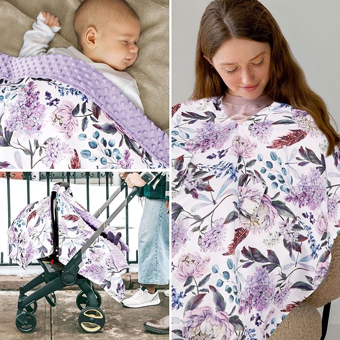 Car Seat Cover Baby, Infant Car Seat Canopy Covers for Newborn Girls Boys, Soft Breathable Mink Carseat Covers Stretchy Multi-Use Nursing Cover for Stroller Baby Car Seat, Purple Flroal