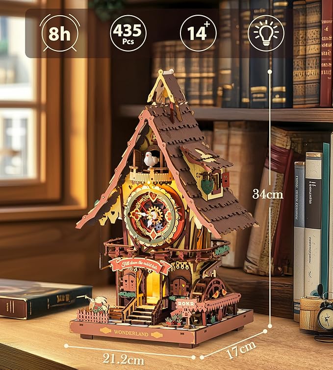 ROKR Cuckoo Clock Mechanical 3D Wooden Puzzle Kit for Adults, DIY Wooden Clock Model Building Set, Unique Home Decor Gift for Women Men