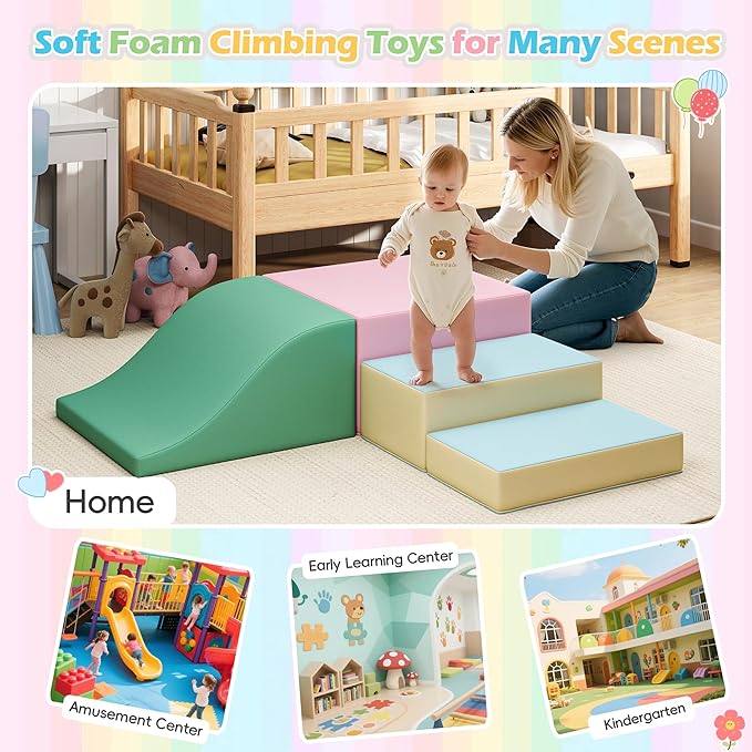 Soft Climbing Toys for Toddlers, Soft Foam Climbing Blocks, PU Leather Gym Climb & Crawl Soft Activity Playset, Indoor Climbing Toys Equipment for Kids and Children, Classic Grey, Macaron
