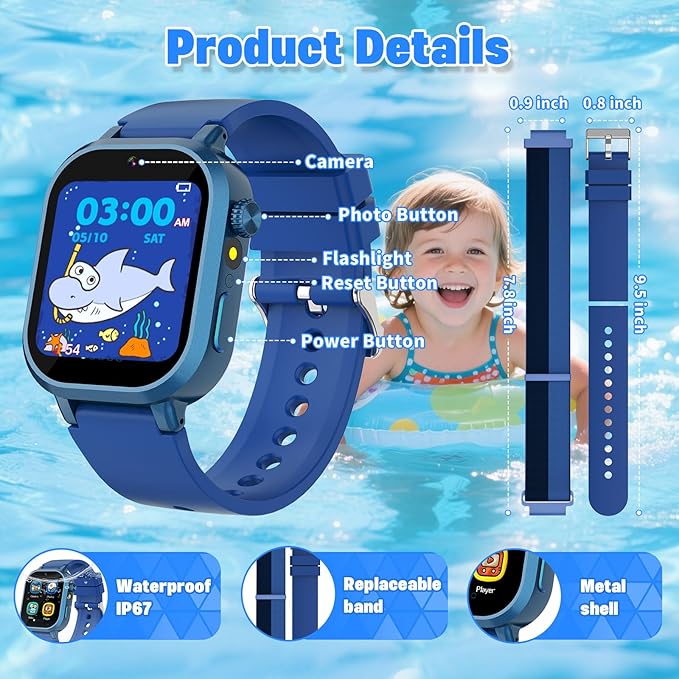 Kids Waterproof Smart Watch Boys Gift Age 3-12 with 39 Game HD Touch Screen Music Player Video Camera Pedometer Alarm Clock Birthday Gift for 6 7 8 9 Year Olds Blue