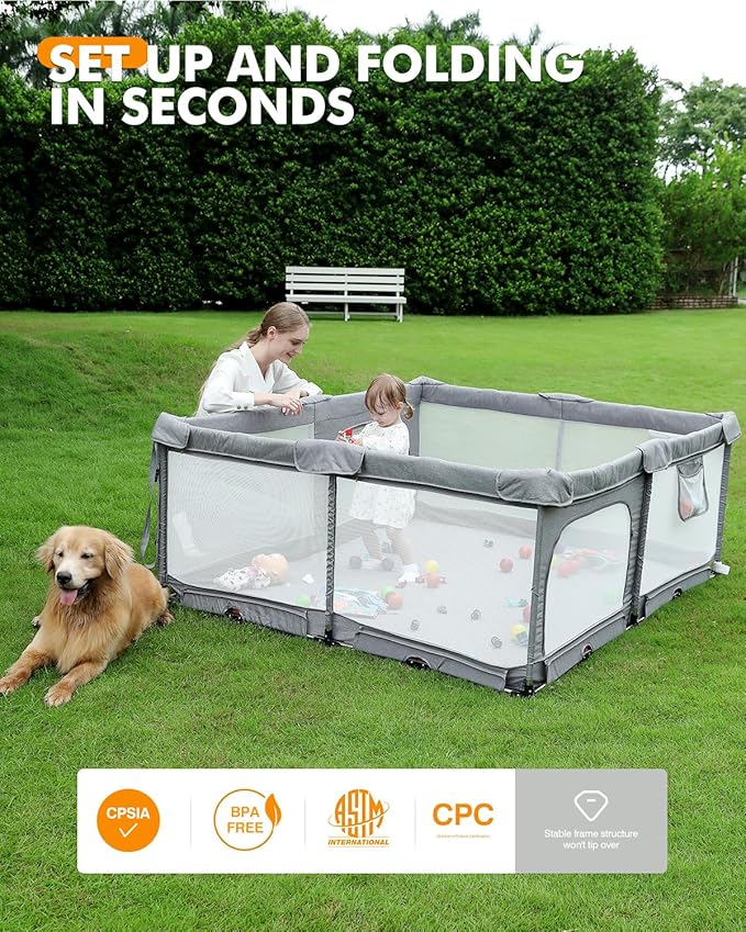 Foldable Baby Playpen with Non-Removable Thick Mat, Extra Large Collapsible Play Yard for Babies & Toddlers, Portable Travel Playpen with Gate, Safe Activity Center (51"×51" Grey)