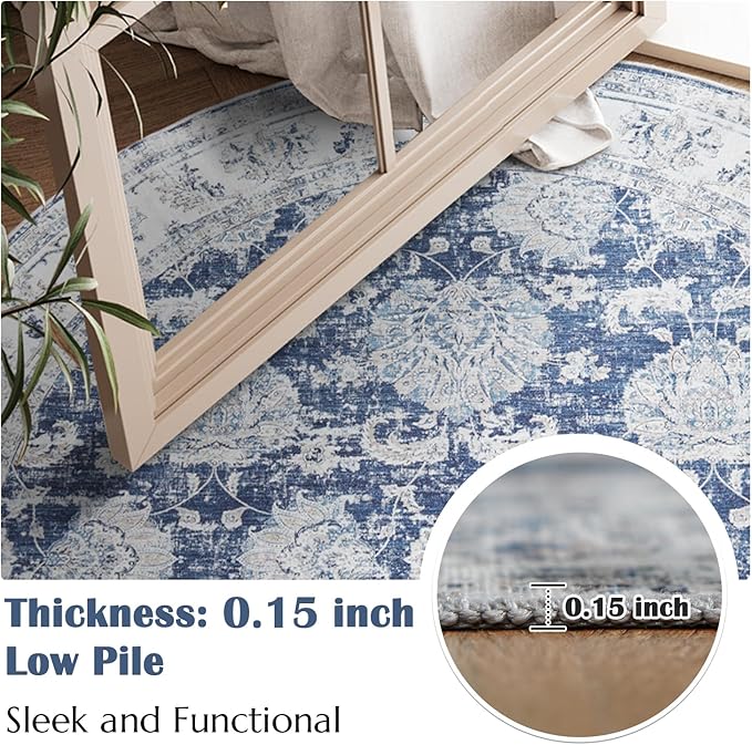 jinchan Round Rug 7ft Area Rugs Vintage Floral Distressed Design Machine Washable Non-Slip Low-Pile Ultra-Thin Circle Rug for Living Room Dining Room Bedroom Home Office Farmhouse (7' Round,Dark Blue)
