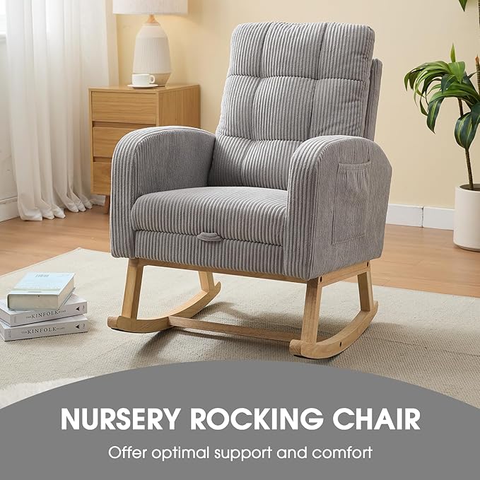 NIOIIKIT Nursery Rocking Chair, Corduroy Upholstered Rocking Chair with Adjustable Footrest, Tufted Rocker Chair with Side Pocket, Glider Rocker for Living Room, Bedroom (Gray Retro)