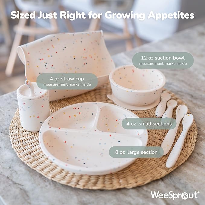 WeeSprout Baby Led Weaning Bundle, Silicone Suction Bowl, Spoons, Bib & Cup, Develops Self Feeding Skills, Dishwasher Safe (Confetti)