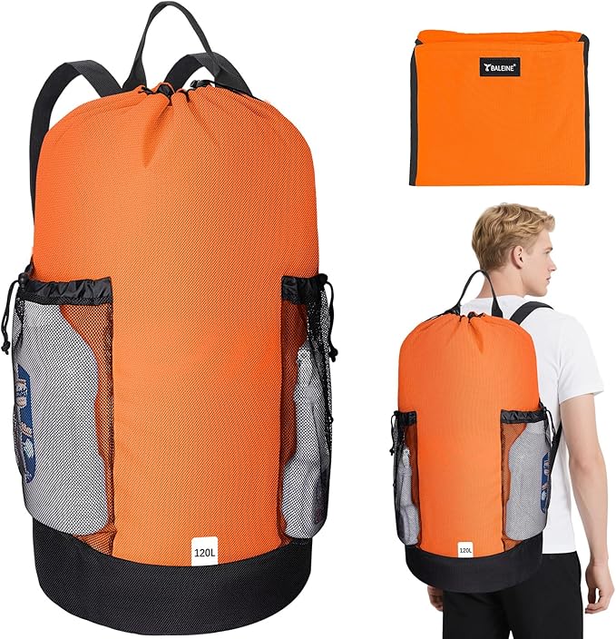 BALEINE 120L Laundry Bag Backpack, 900D Oxford Fabric Large Travel Laundry Bags with Shoulder Straps and 2 Mesh Pockets for College Dorm, Apartment, Laundromat (Orange, 120L)