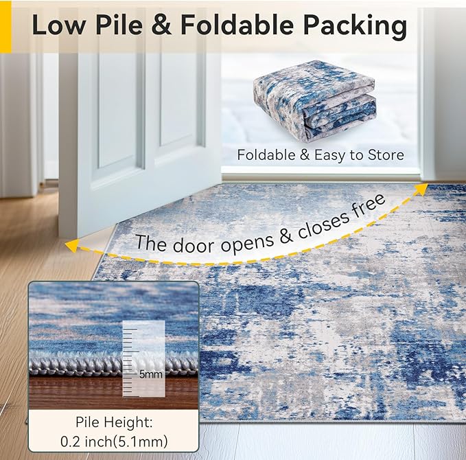 Washable Area Rugs 4ft Non-Slip Modern Abstract Soft for Living Room Entryway Bedroom Nursery, Print Pattern, Blue Grey Navy Gray