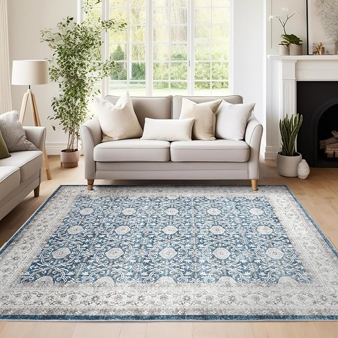 jinchan Floral Area Rugs 4x6 Machine Washable Vintage Distressed Boho Design Throw Rug Stain Resistant Carpet Low Pile Ultra-Thin Non-Slip for Bedroom Living Room Dining Room Kitchen(4‘x6',Drak Blue)