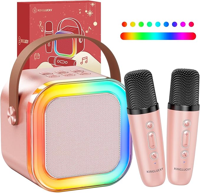 Kinglucky Mini Karaoke Machine for Kids, 2025 TOP Birthday Gifts Ideas for 3-12 Year Old Girls, Christmas Party Gifts Kids' Personal Video Players Accessories with 2 Wireless Microphones - Rose Gold