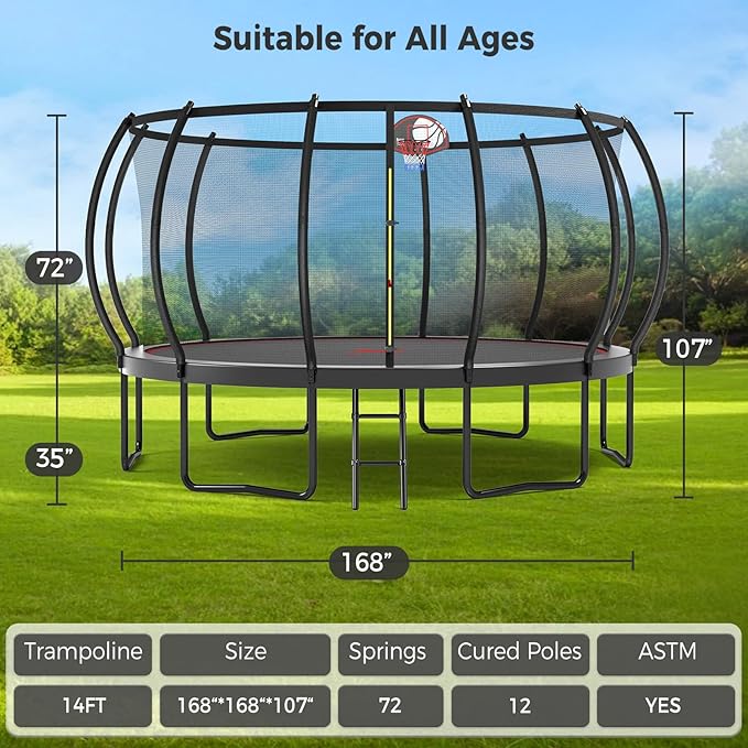 Tatub Large Trampolines Outdoor 10 12 14 15 16FT for Kids and Adults,Outdoor Recreational Pumpkin Trampolines with Curved Poles and Safety Enclosure Net, Basketball Hoop, Ladder