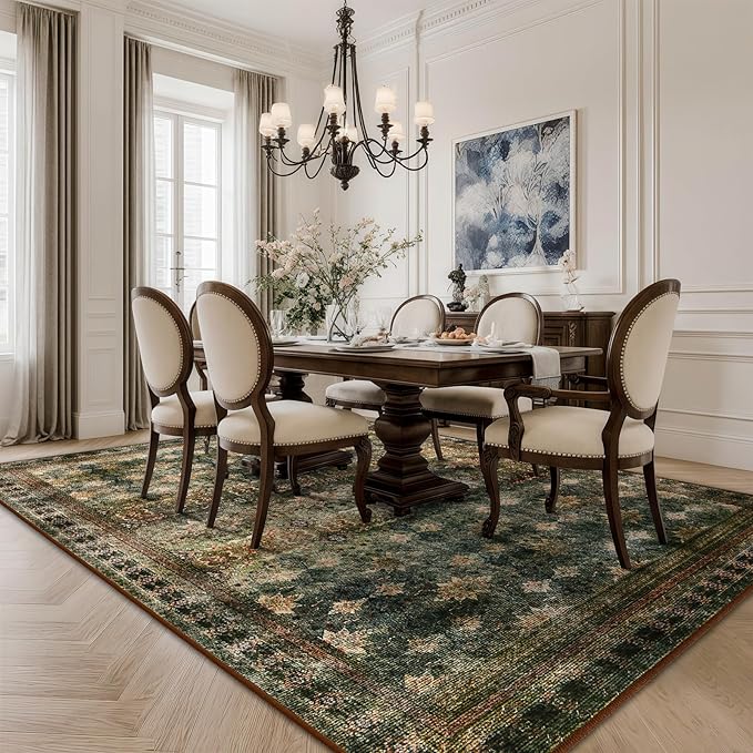 Large 8x10 Washable Area Rug for Living Room, No Shedding Vintage Floral Print Rugs Non Slip, Indoor Thin Retro Accent Carpet for Bedroom Farmhouse Dining Room(Dark Green/Brown/Multi)