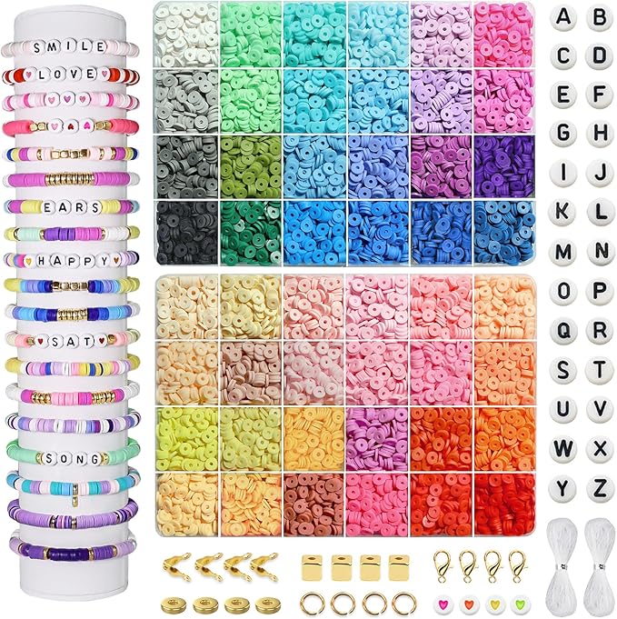 Redtwo 7400 Pcs Clay Beads Bracelet Making Kit for Biginner, 48 Colors for Friendship Jewelry Making Kit, Flat Polymer Heishi Beads with Charms Gifts for Teen Girls Crafts for Girls Ages 8-12