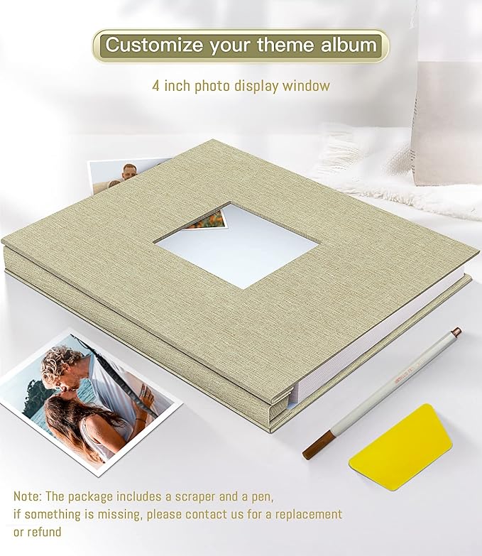 Popotop Photo Album Self Adhesive with Picture Display Window,60 Pages DIY Scrapbooking Supplies Kit for 4x6 10x12 Picture,Linen Cover Memory Book for Baby Wedding, with Scraper and Metallic Pen