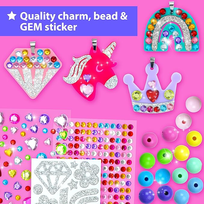 KRAFUN Jewelry Kit Unicorn & Princess Craft Set for Kids 5+ Years, 12 DIY Gem Bracelets & Charms, Unicorn & Princess Theme, Stickers, Instructions, Creative Kit