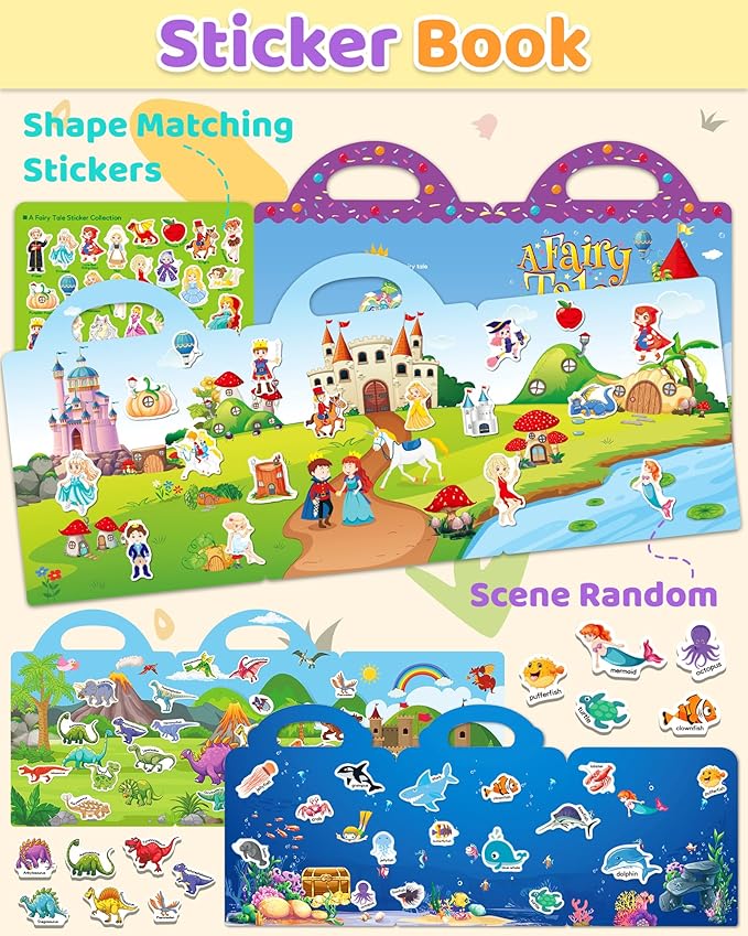 Benresive Reusable Sticker Books for Kids 2-4, Sticker Books for Toddlers 1-3 2-4, Toddler Travel Toys Activities Crafts Gifts - Ocean, Fairy and Dinosaur