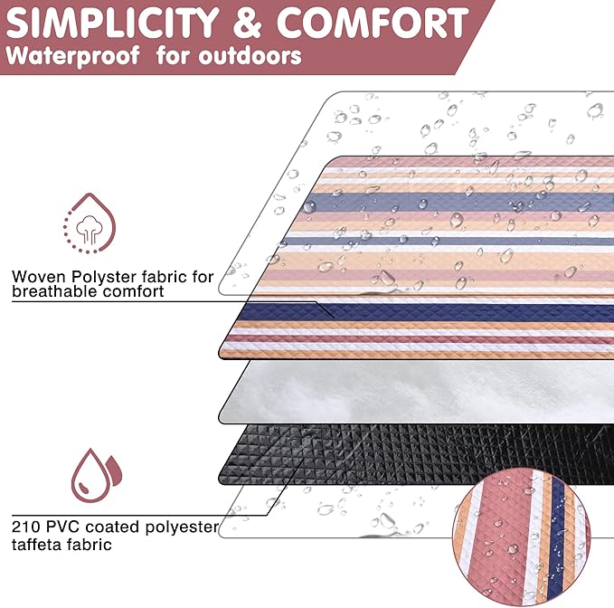 Waterproof Picnic Blanket 80" x 60" in Portable with Carry Strap for Beach Mat or Family Outdoor Camping Party, Park Blanket for Grass Park, Hiking, Travel, Concerts (Brown&Orange, 80" x 60")