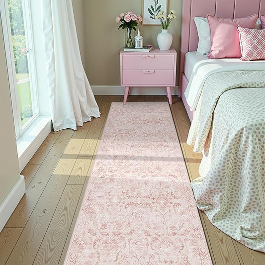 Pink 3x10 Runner Rug for Hallways Bed Side Kitchen, Boho Washable Distressed Low-Pile Floor Entryway Long Bathroom Mat, Non-Slip Laundry Room Washstand Front Carpet Green 36x84 Inch