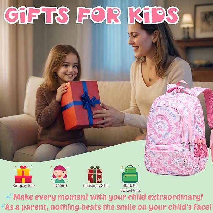 BLUEFAIRY Kids Backpack for Girls Elementary Primary Middle School Bags for Aged 8-10 for Teens Childs Bookbags Back to School Book Bags Gifts Mochilas para Niñas de 6 7 8 9 10 Años Tie-dye Pink