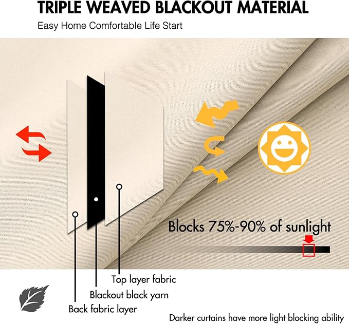 ANRODUO Back Tab Blackout Curtains for Bedroom Living Room, Rod Pocket Pinch Pleated Thermal Insulated Room Darkening Curtains 96 Inches Long 2 Panels, Cream Beige, 52 x 96 Inch