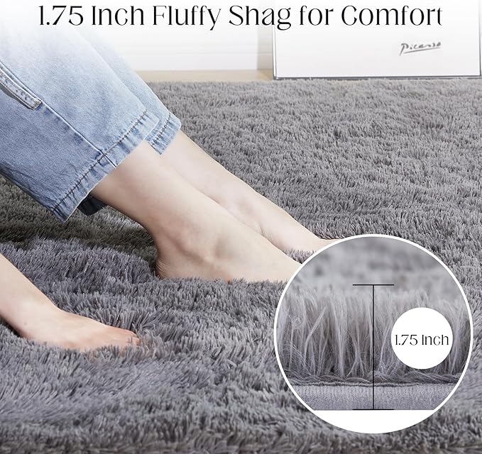 Fluffy Shag Area Rug, 4x6 Grey Rugs for Bedroom, Soft Plush Area Rugs for Living Room, Non-Slip Indoor Carpet for Nursery, Study Room, Dressing Room, Home Decor