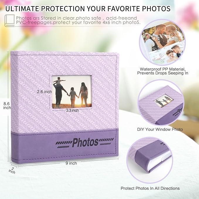 RECUTMS Leather Photo Album - 4x6, 200 Picture, Purple with Front Window and Memo Space for Wedding, Family, Travel, Baby, Graduation