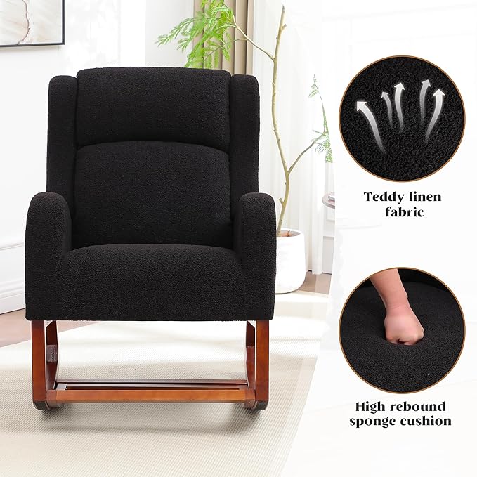 Rocking Chair Nursery, Nursing Rocking Chairs for Mom Nursery, Comfy Wingback Glider Rocking Armchair with Foot Rest and Side Pocket for Nursery Living Room Bedroom, Walnut Black