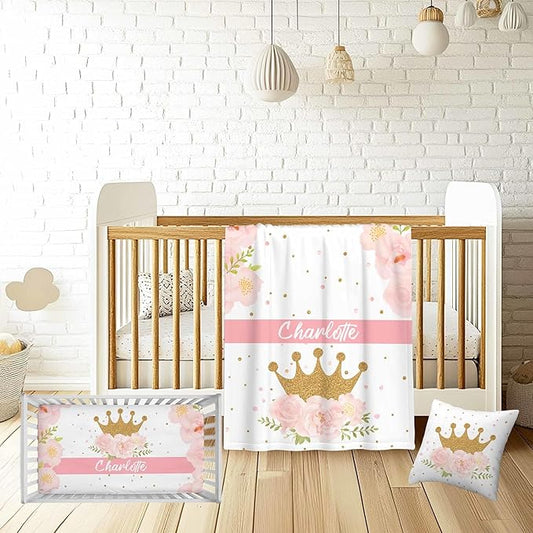 Personalized Baby Girl Crib Bedding Set – Custom Name 3-Piece Nursery Bedding with Crown with Flower, Flannel Blanket, Fitted Sheet & Pillowcase – Shower Gift for Baby Infant & Toddler