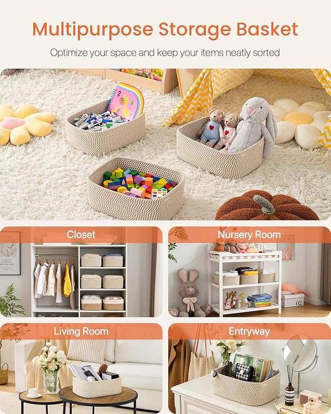 Small Woven Basket, 13.5 x 9.5 x 5 Inches, Storage Basket for Organizing, Cute Small Rope Shelf Closet Cube Storage Bins Baskets for Shelves, Dog Toy Gift Baskets Empty, 3 Pack Brown