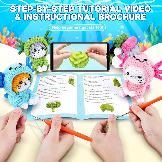 Crochet Kit for Beginners - 3 PCS Axolotl Cat Crochet Kits with Step-by-Step Video Tutorials, Beginner Crochet Kit for Adults, Crochet Cat Dressed as Axolotl Set (Blue & Green & Pink)