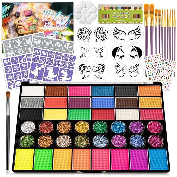 42 Color Face Painting Kit for Kids-Non Toxic Water Activated Face Paint Palette with 16 Crayons,6 Reusable & 63 Sticky Stencils,Brushes,Gems.Ideal Choice for Carnival,Halloween,Parties,Makeup etc.