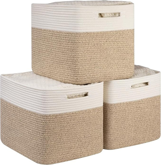 OIAHOMY 13 Kallax Inch Cube Storage Bins, 3-Pack Cotton Rope Woven Baskets for Organizing, Kallax Insert Storage Baskets for Shelves, Baby Nursery, Closet Organizer, 15*13*12.6IN, Brown & White