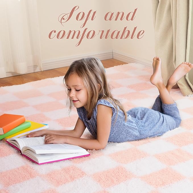 Super Soft Rug for Bedroom, 5x7 Ft Pink and White Area Rug Classic Checkered Shaggy Anti-Skid High Pile Soft Fluffy Rug Fuzzy Carpet for Living Room Bedroom Kids Room Nursery, Dorm Home Decor