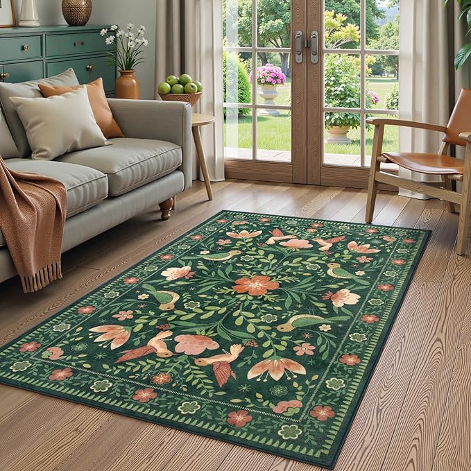 Moynesa Boho Bird Washable Rug, 3x5 Ultra-Thin Dark Green Kitchen Rugs Non-Slip, Stain Resistant, Low Pile, Indoor Small Living Room Throw Carpet for Entryway Bathroom Office Bedroom