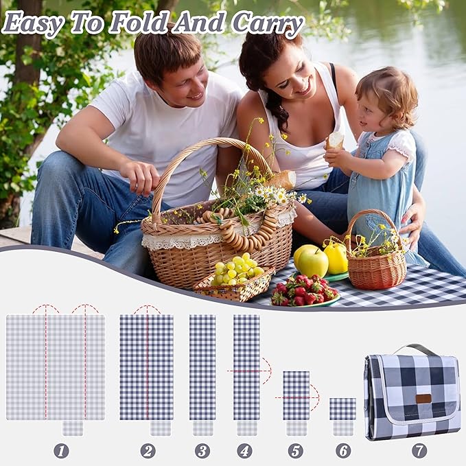 80"x80" Extra Large Waterproof Outdoor Mat - Sandproof Foldable Picnic Blanket for Family Camping, Backyard, Beach Parties - Heavy Duty & Easy Storage (Gray&White)