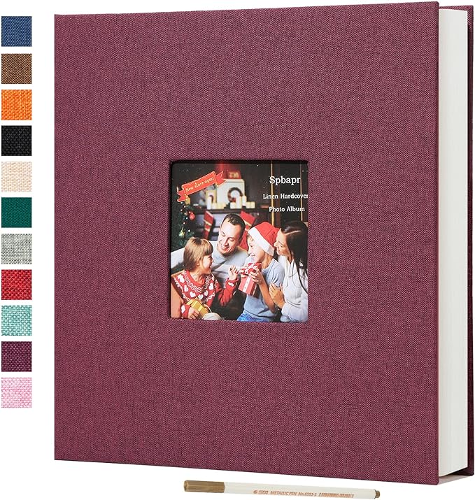 Spbapr Large Photo Album Self Adhesive 3x5 4x6 5x7 8x10 Pictures Magnetic Scrapbook 40 Blank Pages Linen Cover DIY Album with A Metal Pen